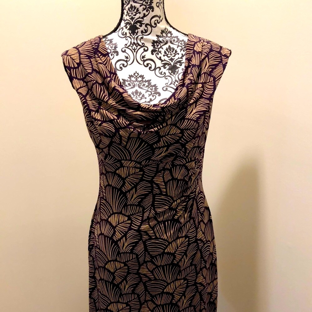 Pretty maroon and tan dress.